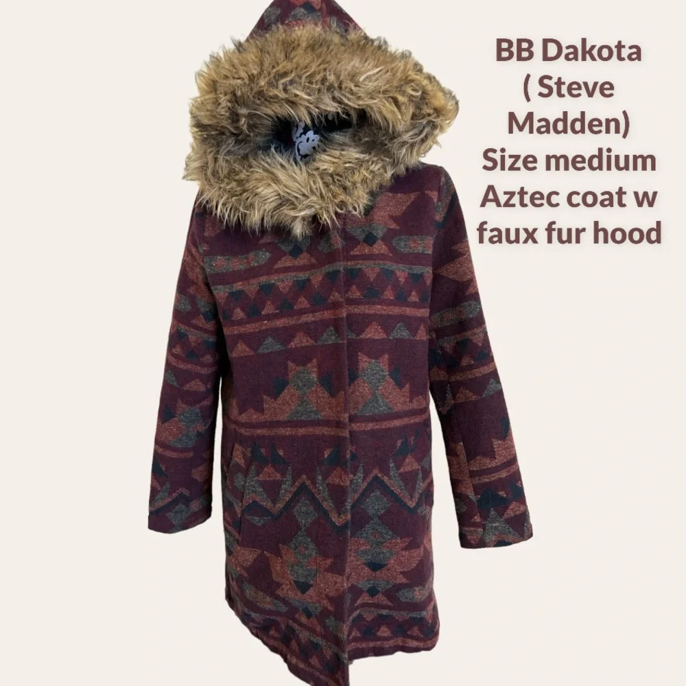 BB Dakota Aztec coat w faux fur hood - size medium NWOT.